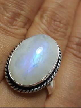 Rainbow Moonstone Oval White with Blue Flash Ring